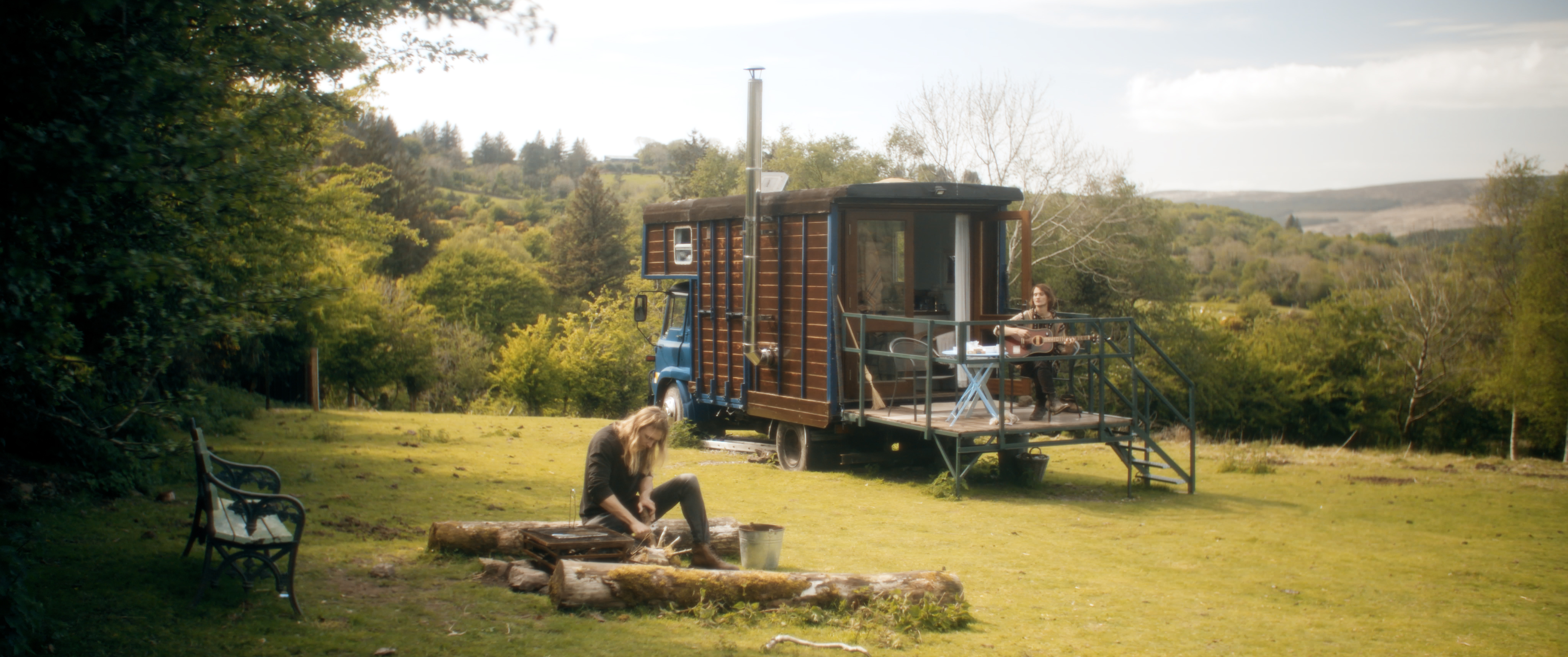 A quiet rural film location near a caravan